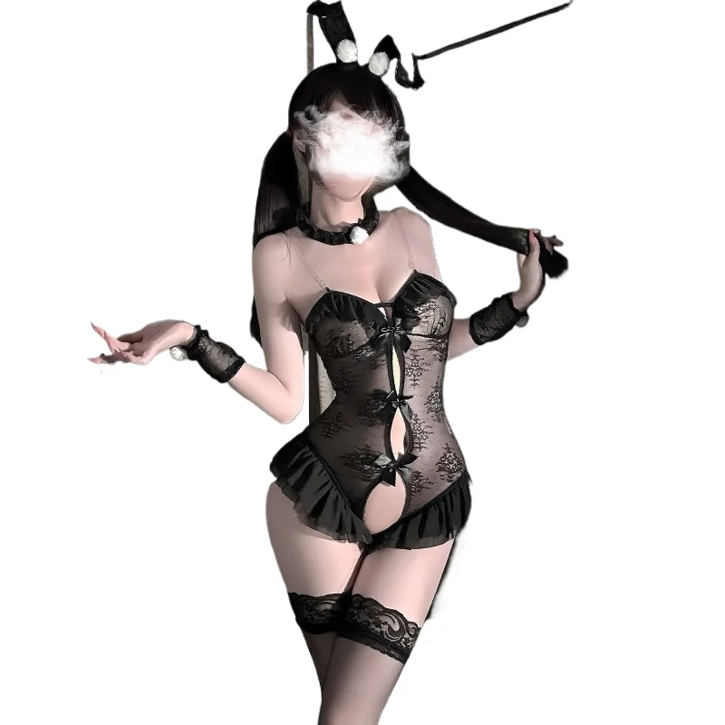 

Сексуальное кружевное белье с бантом, костюм кролика для ролевых игр, прозрачный боди, комплект нижнего белья, костюм для ночного клуба