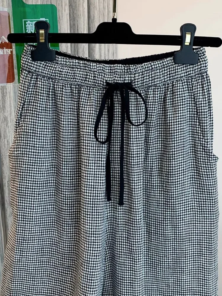 3218 Pantaloni di lino scozzesi vintage moda estiva Pantaloni dritti casual larghi in vita stile coreano moda estiva da donna