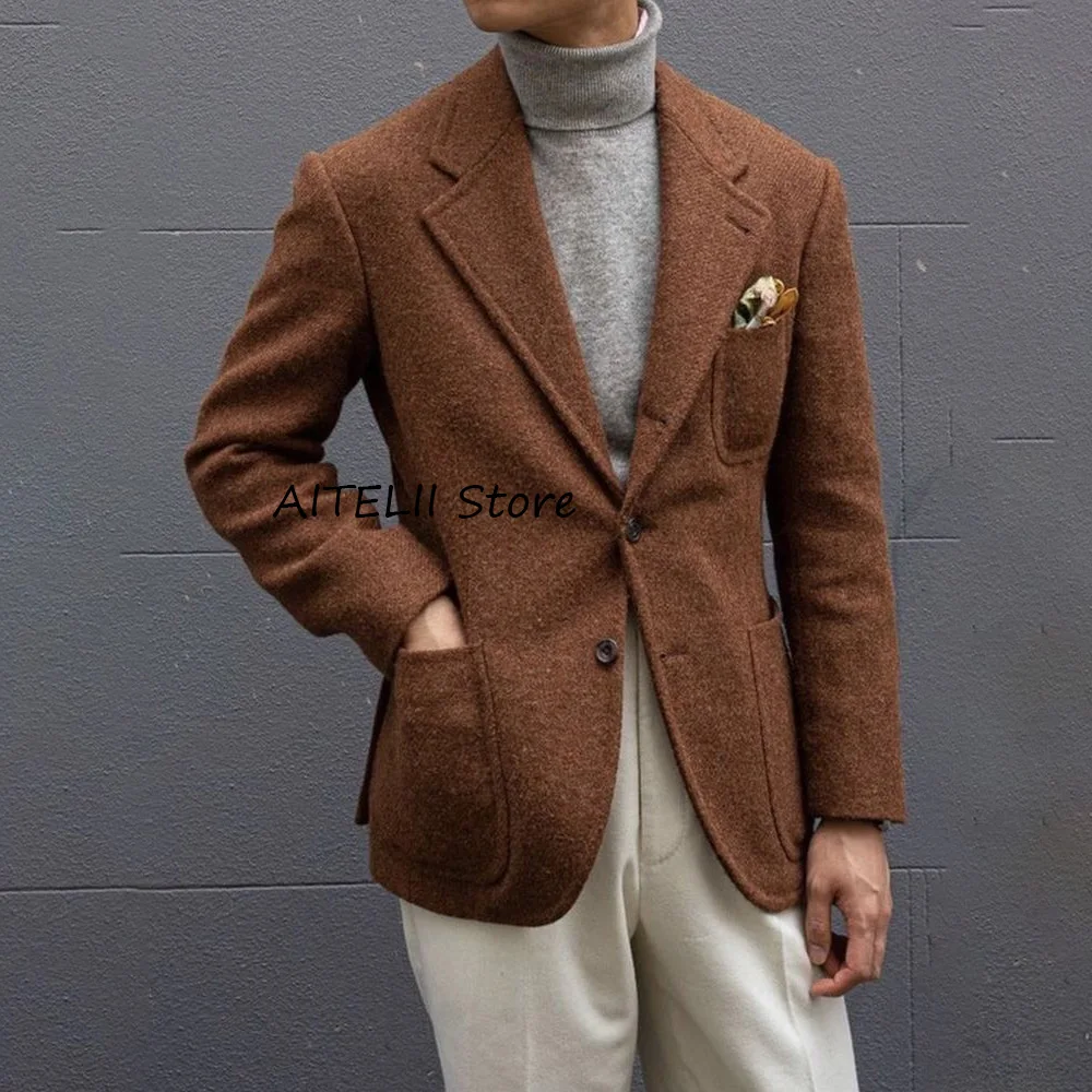 Повседневный пиджак с зубчатыми лацканами, мужское социальное пальто, мужские куртки из шерстяной ткани, высококачественные однобортные деловые повседневные стильные куртки