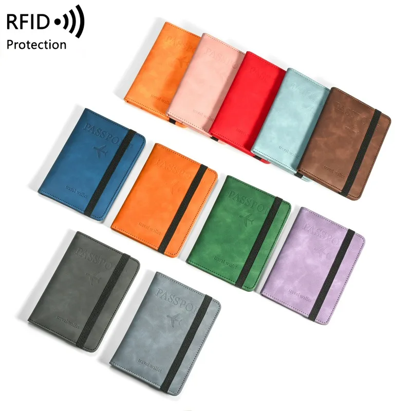 RFID Blocking PU Leather Passport Holder With Card SIM Slots Elastic Strap Anti Skimming Travel Wallet For Men Women