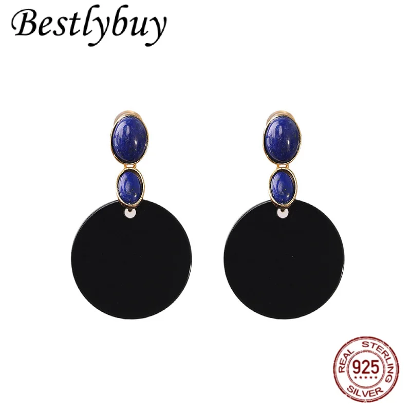 

Натуральные серьги из лазурита и черного агата для женщин, серебро S925, позолоченные, в ретро-стиле, контрастный дизайн, легкие, роскошные, круглые серьги.