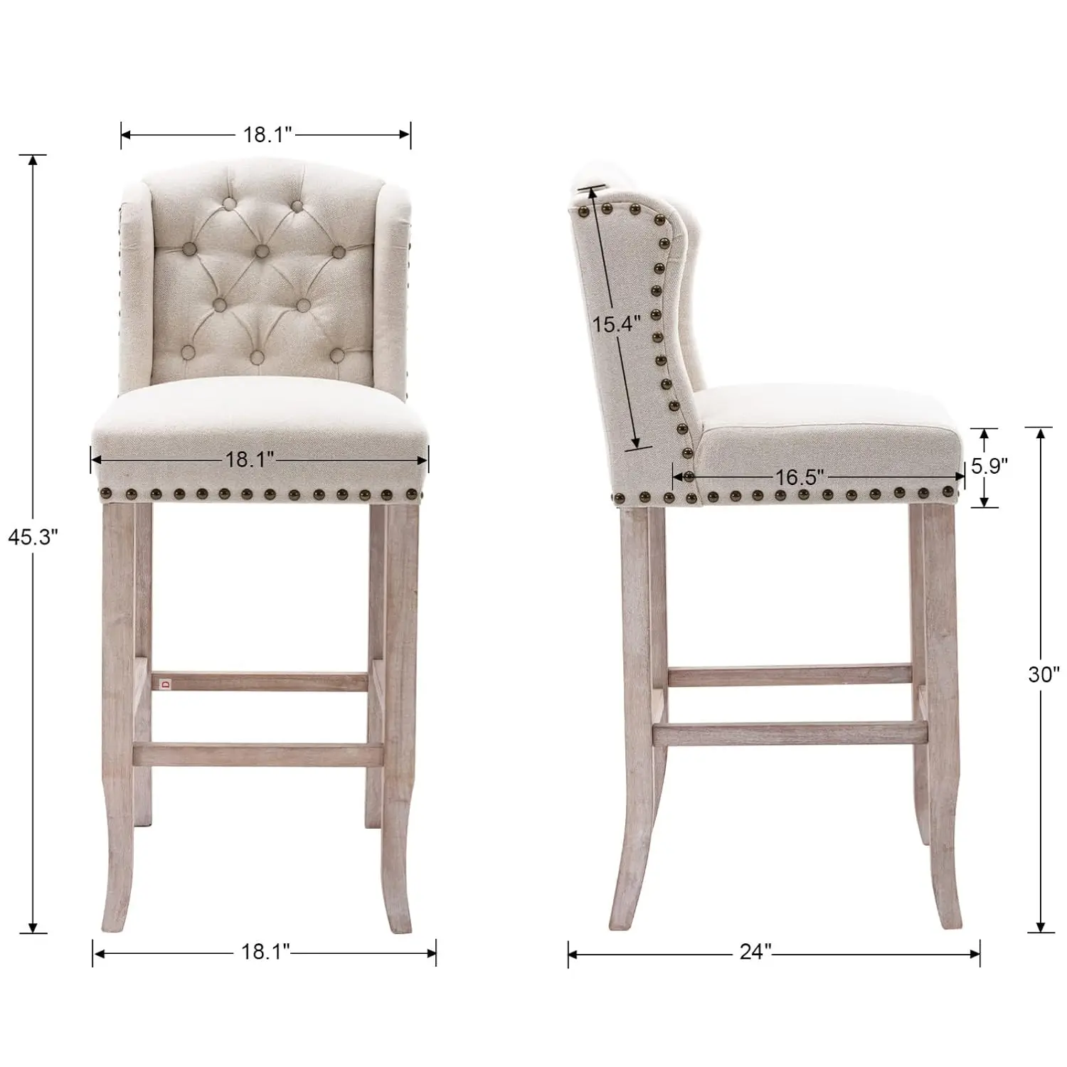 Mid-Century Bar Stools 4pc 30in Counter Height Linen Solid Wood Legs Upholstered Tufted Kitchen Dining Room Beige, Customized