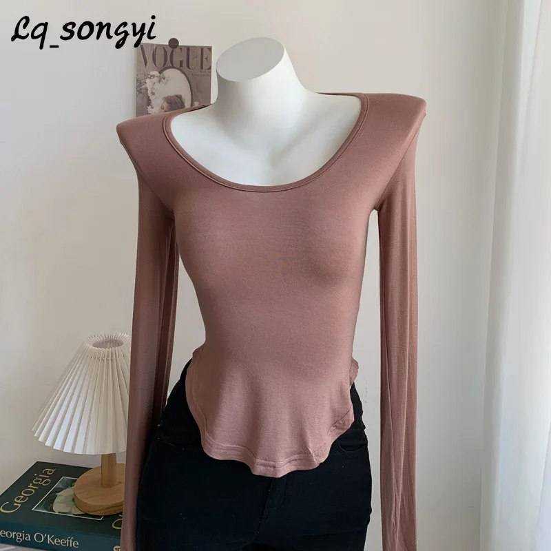 

Lq_songyi Basic U Neck T Shirts Women 2024 New Summer Spring Solid Tops Long Sleeve T Shirts See-through High Strech Sexy Top