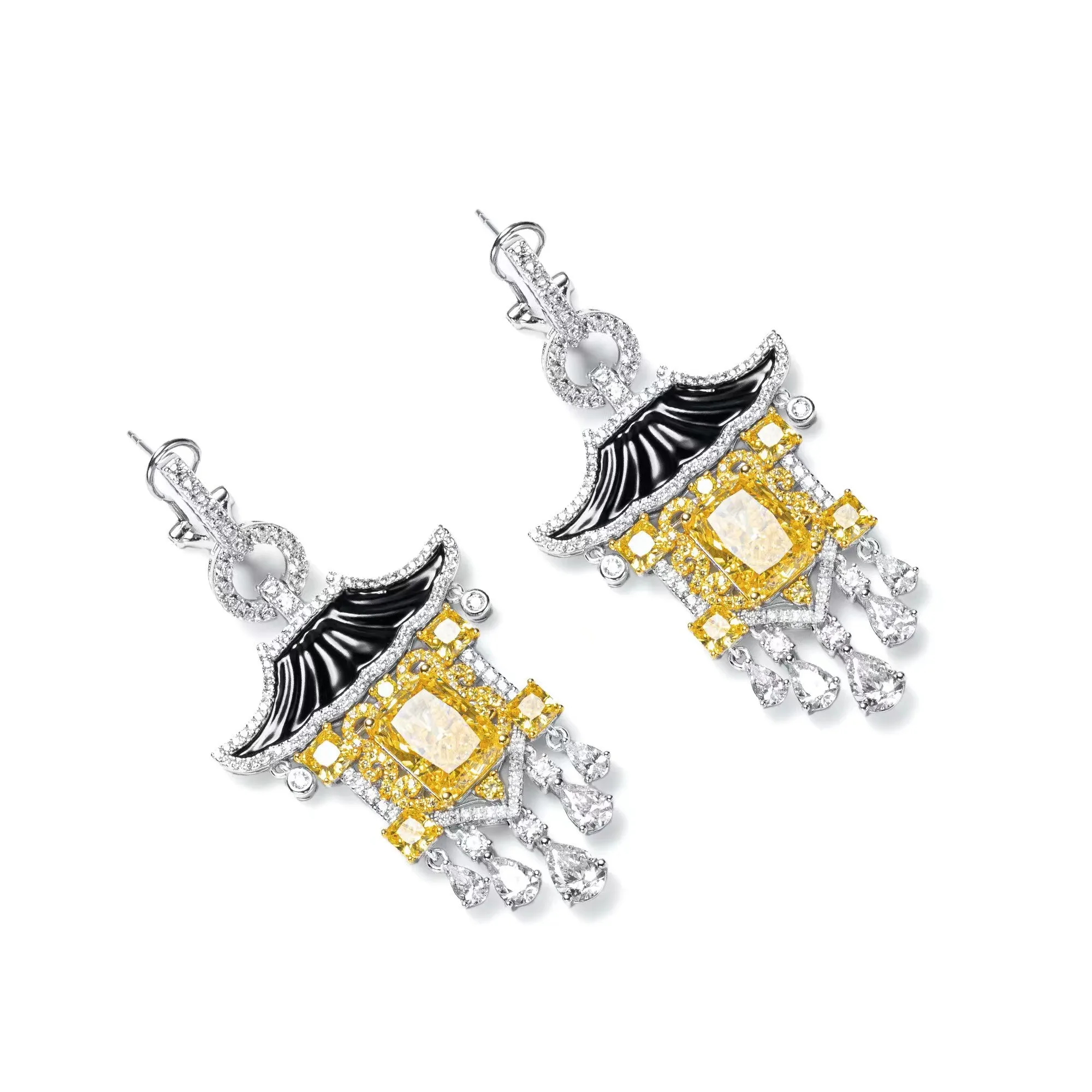 ZOCA Vintage Antique Sterling Silver Yellow Color Chinese Style Tower Charms Dangle Earring Drop Earrings For Women Fine Jewelry