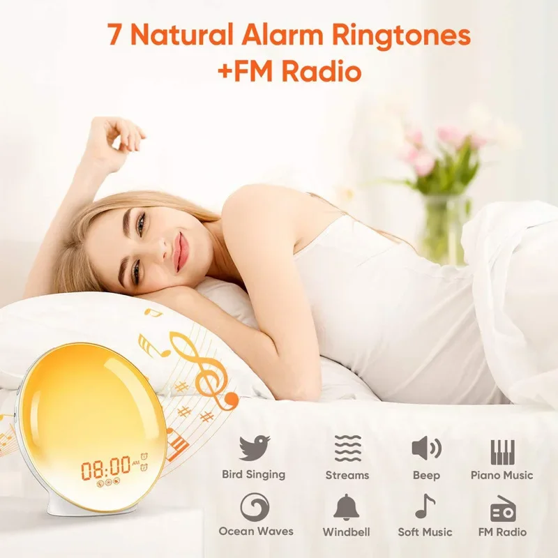 Sunrise and Sunset Wake-up Light LED Electronic Alarm Clock Colorful Atmosphere Bedside Lamp Girl Gift Lamp for Bedroom