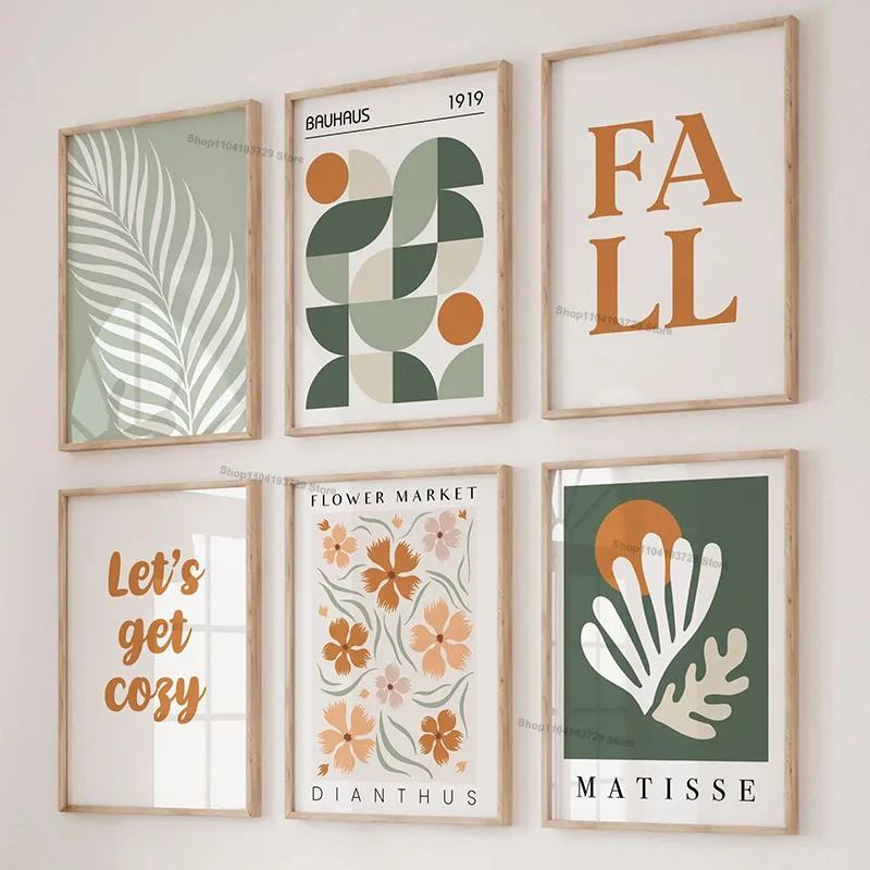 Green Abstract Bauhaus Matisse Flower Marke Leaf Poster Wall Art Canvas Painting Retro Prints Picture for Living Room Home Decor