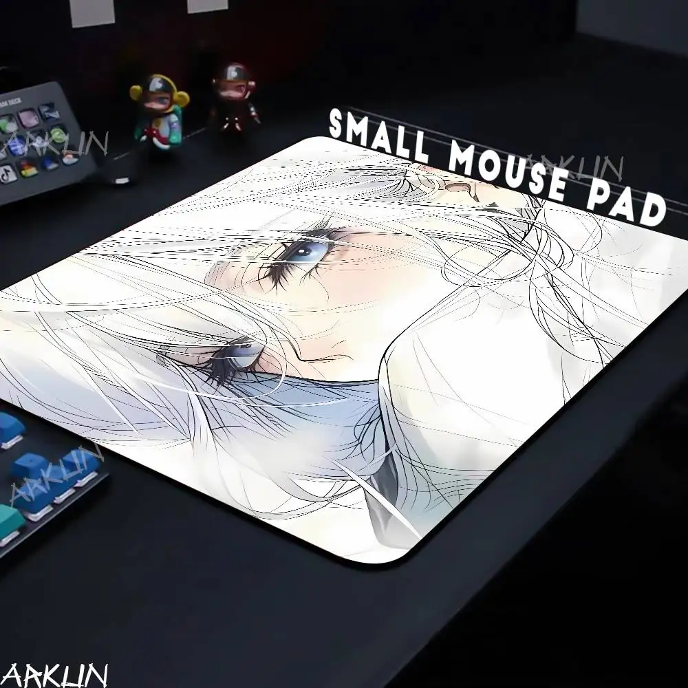 Anime Girl Small Mouse Pad, Delicate Sketch Style White Hair Blue Eyes Girl Portrait Mouse Mat, Compact Non‑Slip Desk