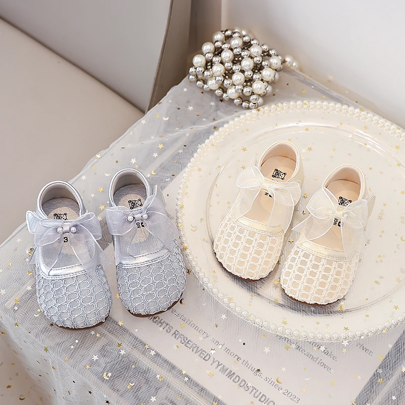 Girls Mesh Princess Shoes Breathable Soft Sole Kids Flat Shoes Sweet Lace Bows 2026 Summer New Children Casual Shoes Non-slip