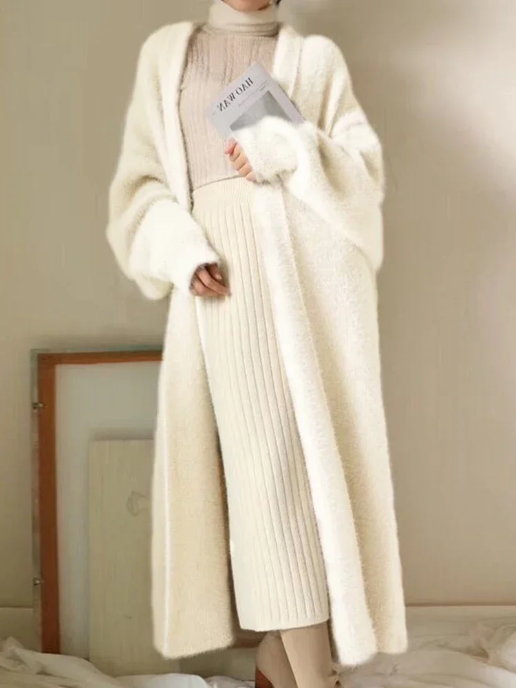 

Mink Long Cardigan Women Casual Loose Soft Sweater Gilet Elegant Fall Winter Fluffy Knitwear Jackets Warm Knit Abrigos R216