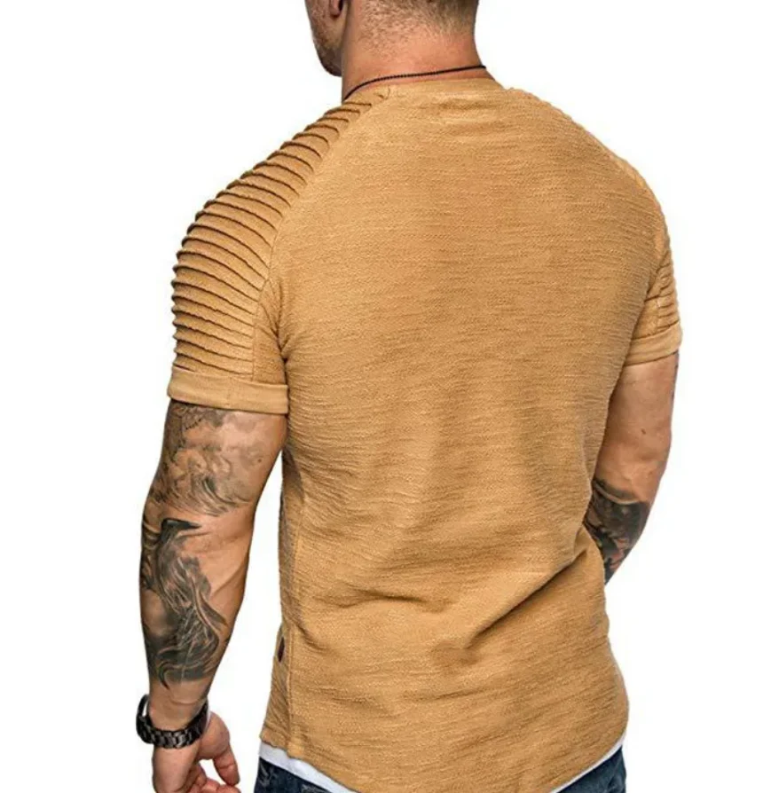 Summer New Men T-Shirt Pleated Wrinkled O Neck Slim Fit  Fitness T-Shirts Male Casual Tops Gym Runner Tees Short Sleeve