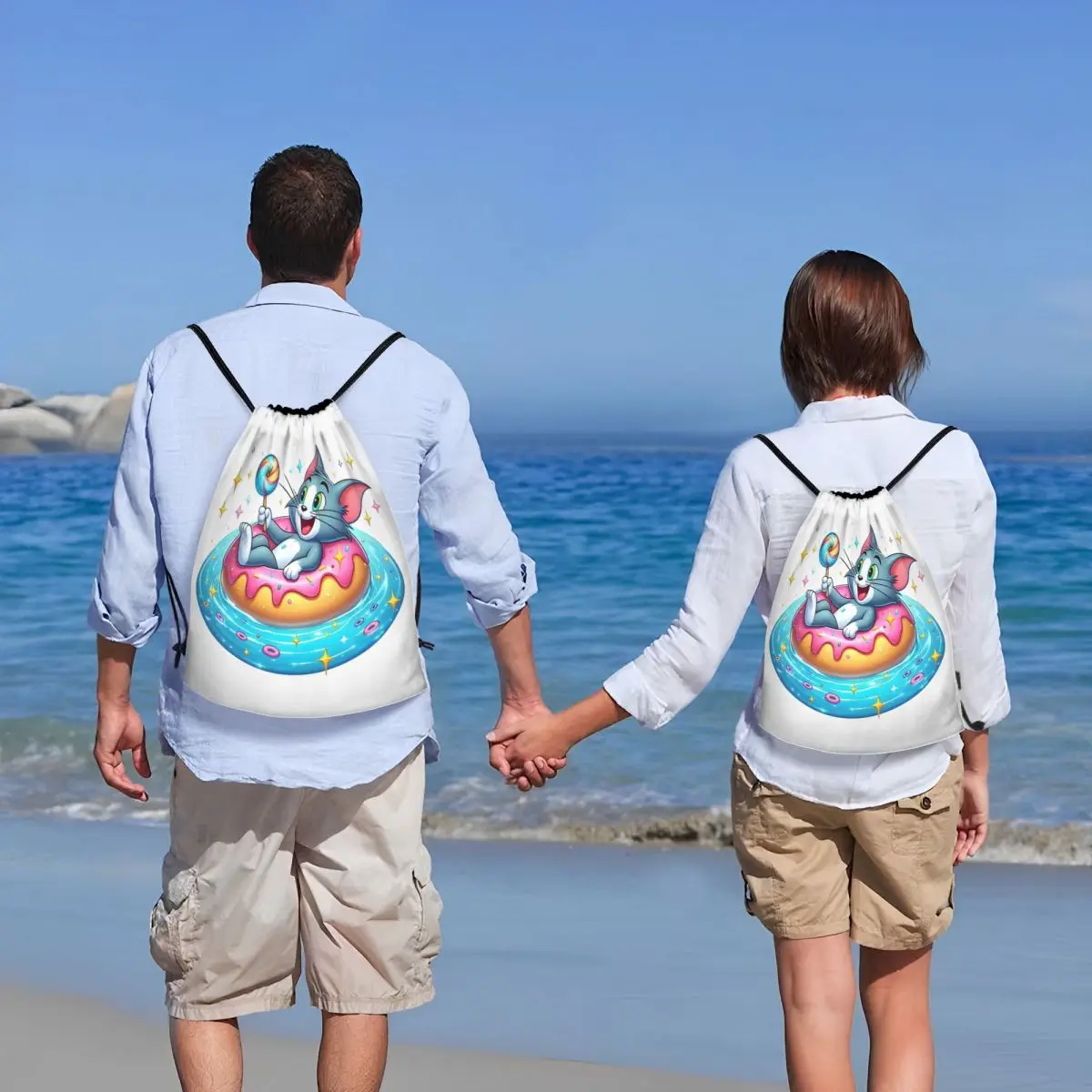 مخصص الكرتون توم وجيري الرباط أكياس الرجال النساء المحمولة رياضة الرياضة Sackpack أنيمي لطيف التدريب على ظهره