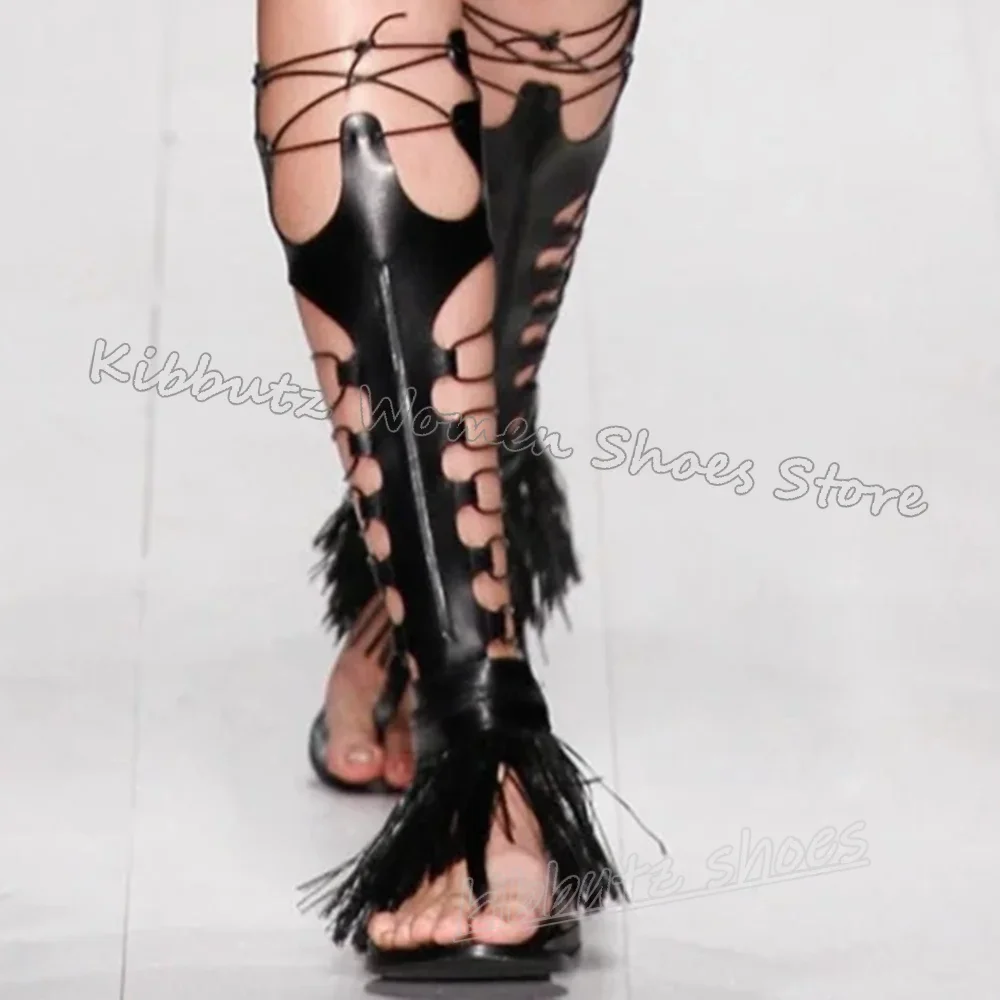 Rome Knee High Sandal Boots Rome Tassels Lace-Up Cross Strap Solid Color Novelty Sexy Elegant Concise Clip-Toe Flat with Shoes