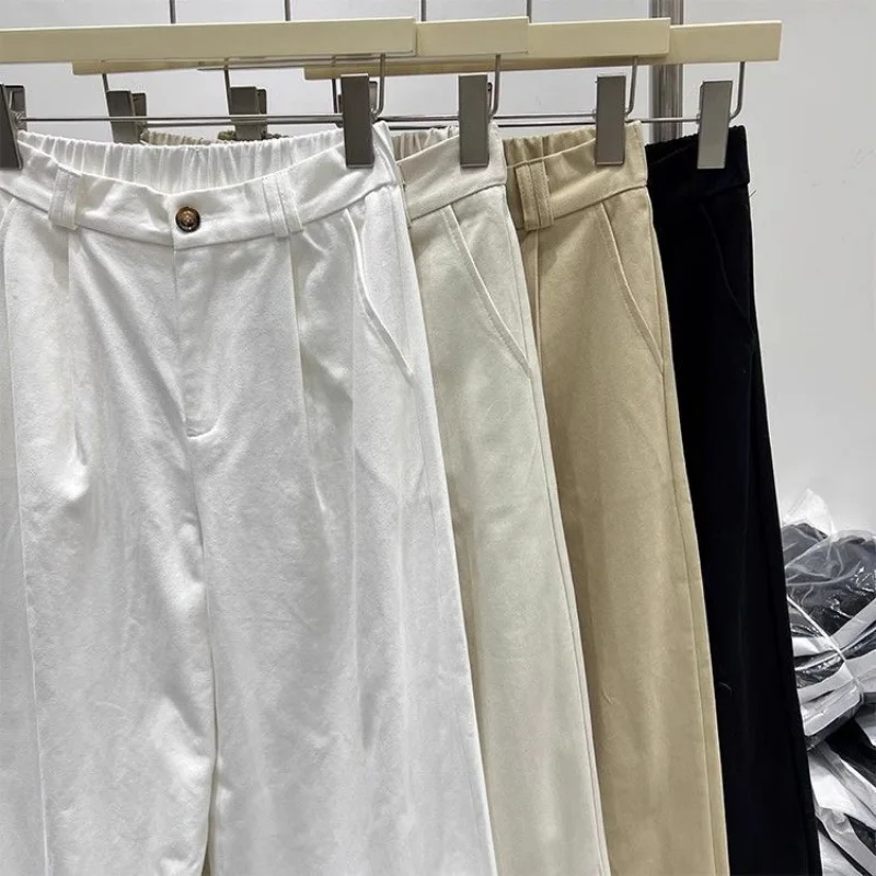 สไตล์เกาหลีลายเปิดขึ้นกุ๊นกางเกงขากว้างหลวมตรงกางเกงลําลองครอป