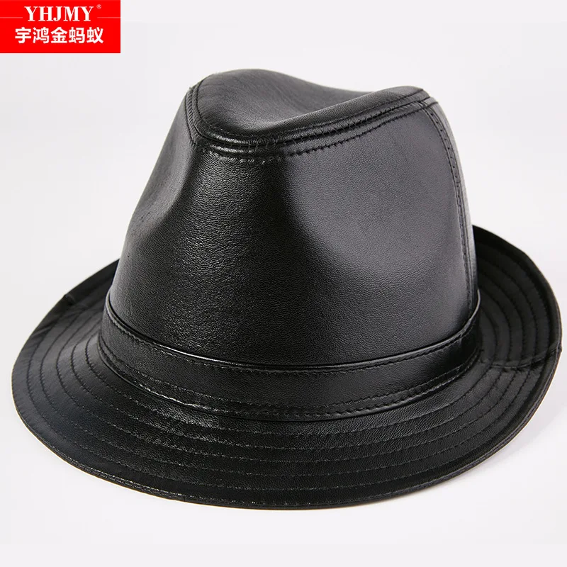 Real sheepskin hat men's autumn and winter retro gentleman sheepskin jazz hat head layer flat top top hat