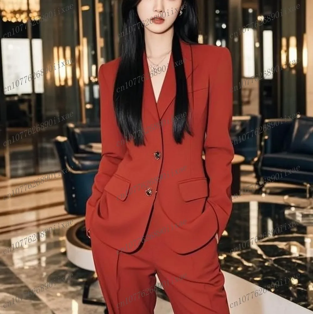 

New Rust Red Formal Women Suit Lady Business Office Tuxedos Mother Wedding Party Ladies 2 Piece Set Blazer Pants Customized