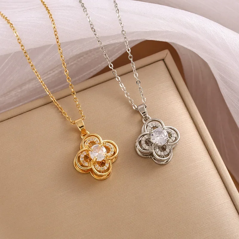 

2025 восемь Новое вращающееся четырехлистное цветочное ожерелье с подвеской из камня подсолнечника для женщин в уникальном и элитном стиле