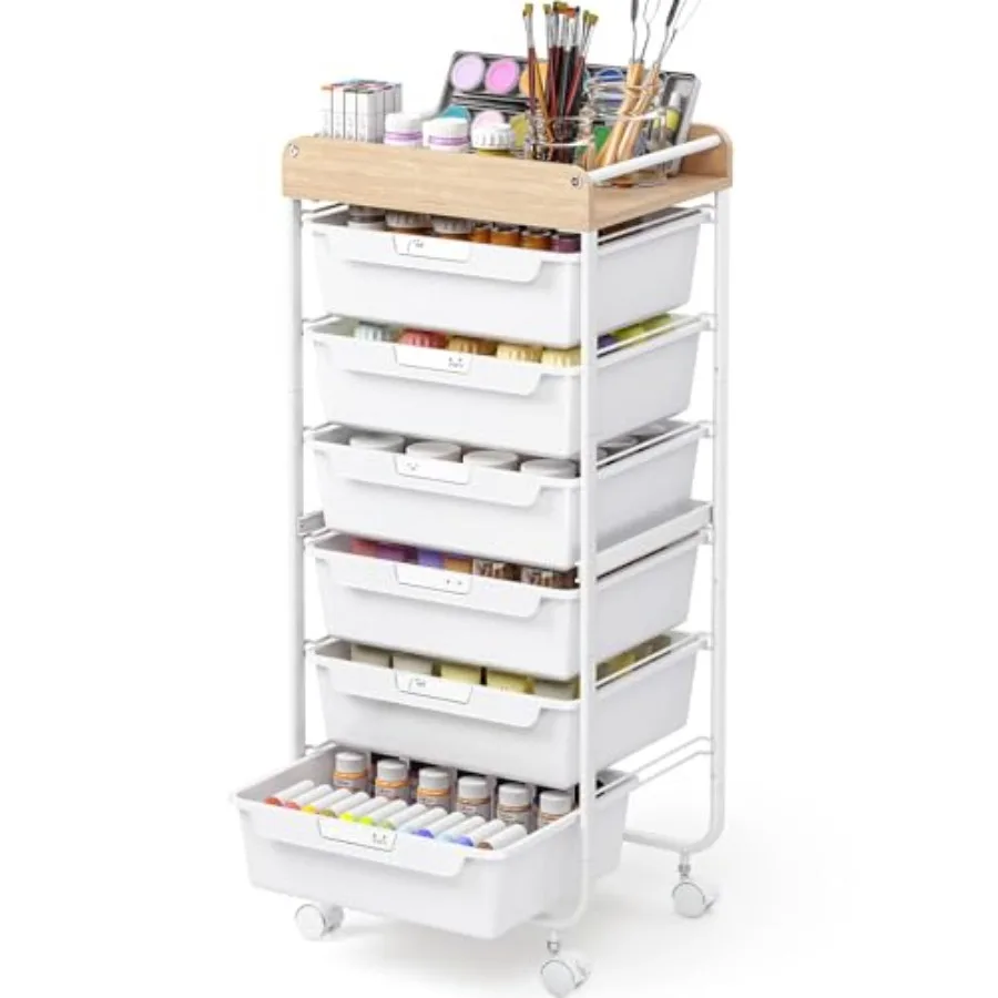 

Rolling Cart with 6 DrawersUtility Storage Cart with Drawers Art Craft Organizers and Storage Makeup Organizer with Wooden Tabl