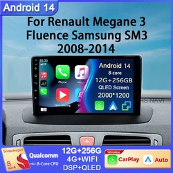 Android 14 Per Renault Megane 3 Fluence Samsung SM3 2008 - 2014 Lettore video di navigazione GPS Multimedia Autoradio Stereo DSP Auto