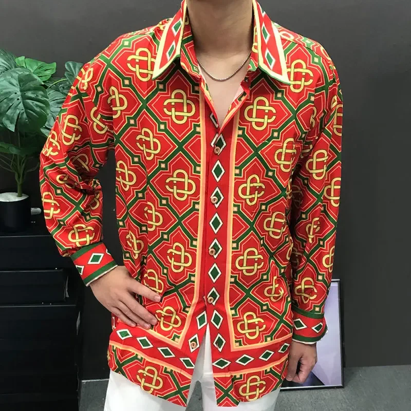 Geometric Patterns Print Long Sleeve Shirt Holiday Casual Dress Blouse Brand Clothe 2022 Fall Hawaiian Shirt Chemise Homme