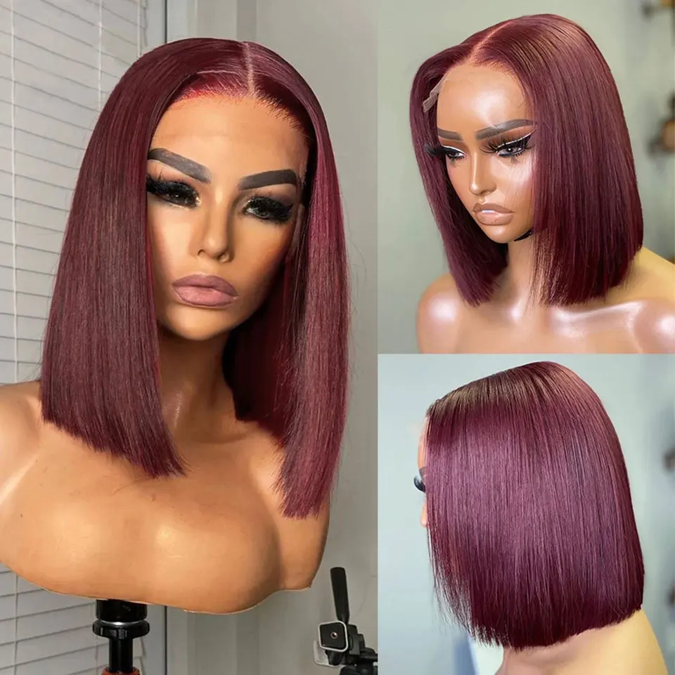 Brazilian Human Hair Wig Cosplay Purple Straight Short Bob Colored Transparent 13x4 Lace Frontal Wigs For Women Wear And Go