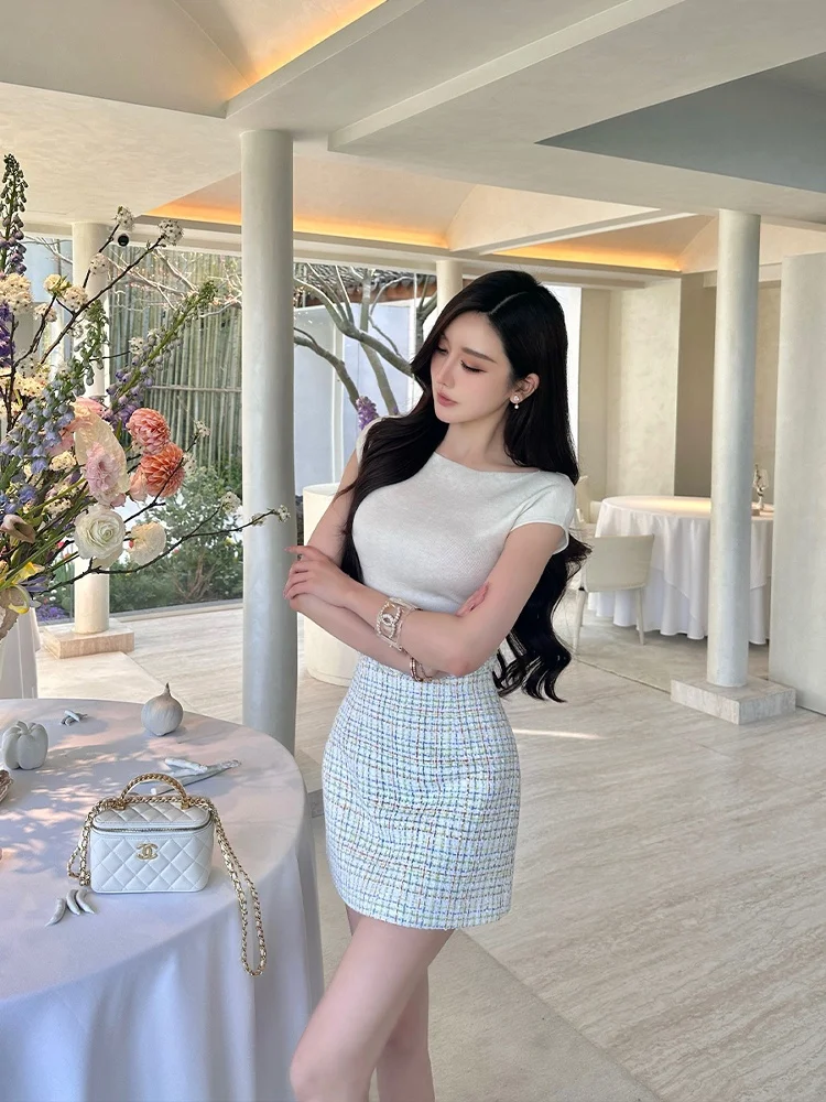 

High Waist Plaid Skirt SX Ele Korean Sle Versatile Woven Anti-Light ort Skirt for Women Commute Par Cotton Pol...