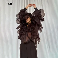 VGH Chic Spliced Ruffles Solid Color Blouse for Women V Neck Long Sleeve Patchwork Sheer Design Loose Shirt Female Fashion Style
