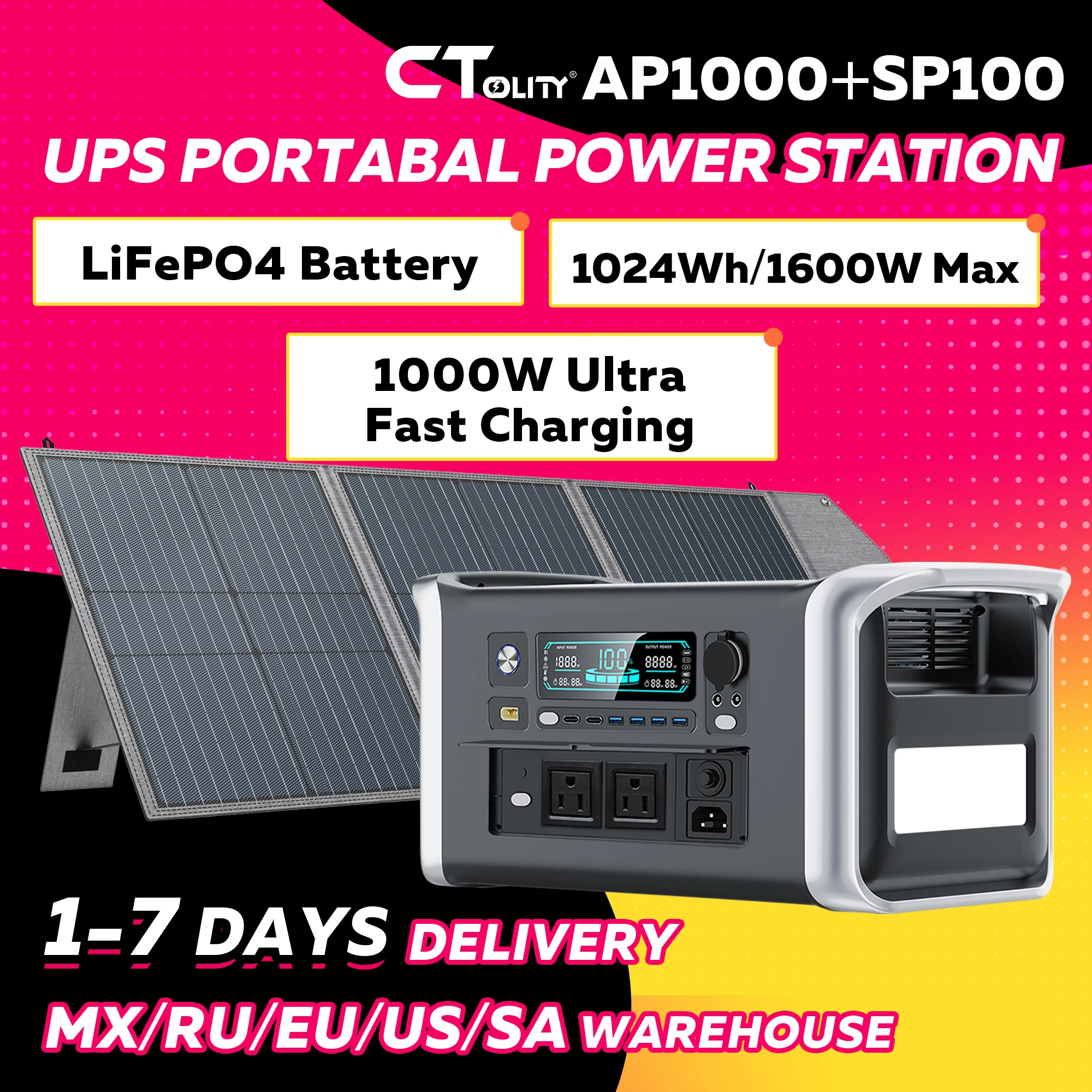 CTOLITY 1600W Portable Solar Generator Set with 100W Solar Panel 1024WH LiFePO4 Battery UPS Power Station Backup Power