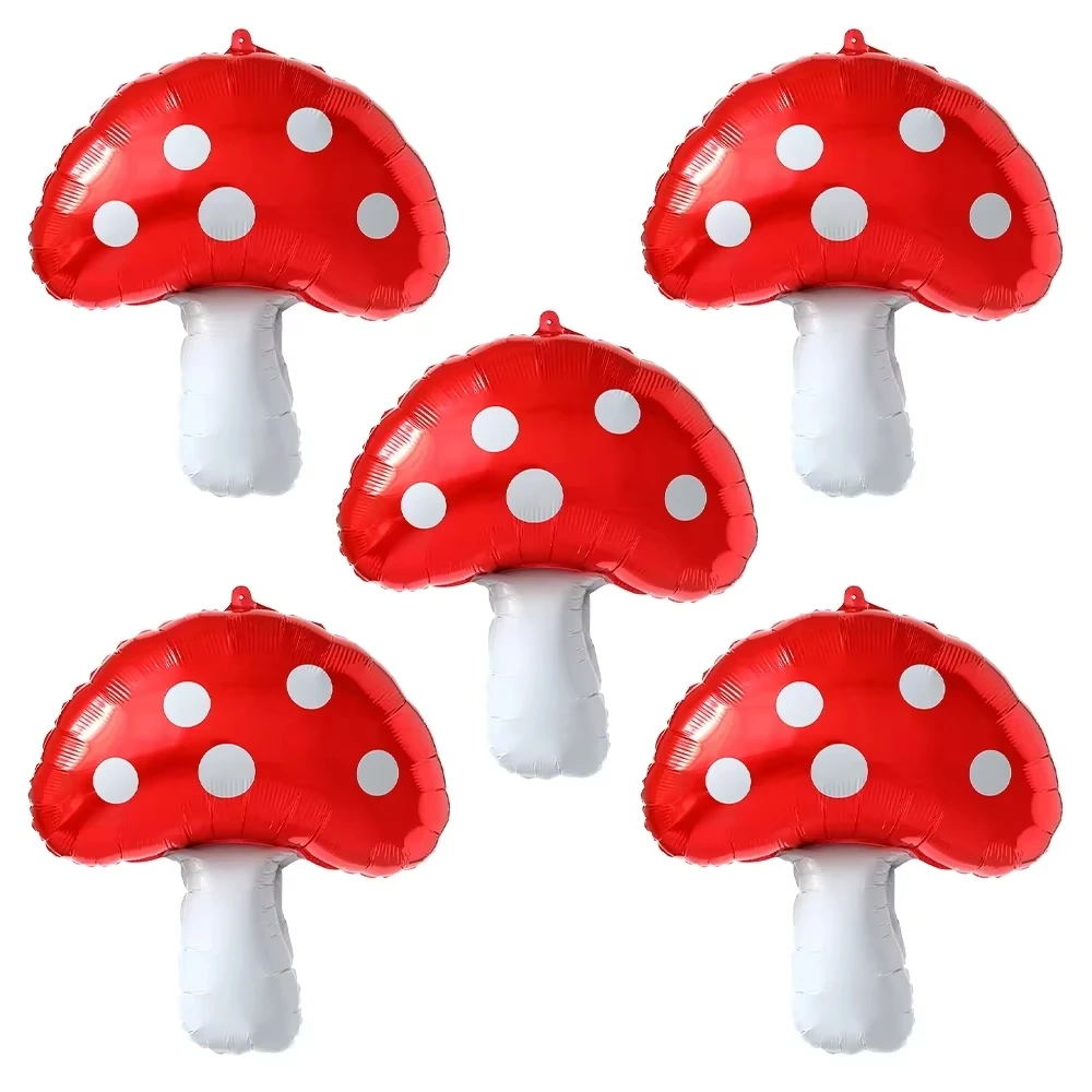 5-teiliges Rotes Pilz-Ballon-Set Niedliche Cartoon-Pilz-Folienballons für Kindergeburtstag Wald-Themenparty Babyparty-Dekoration
