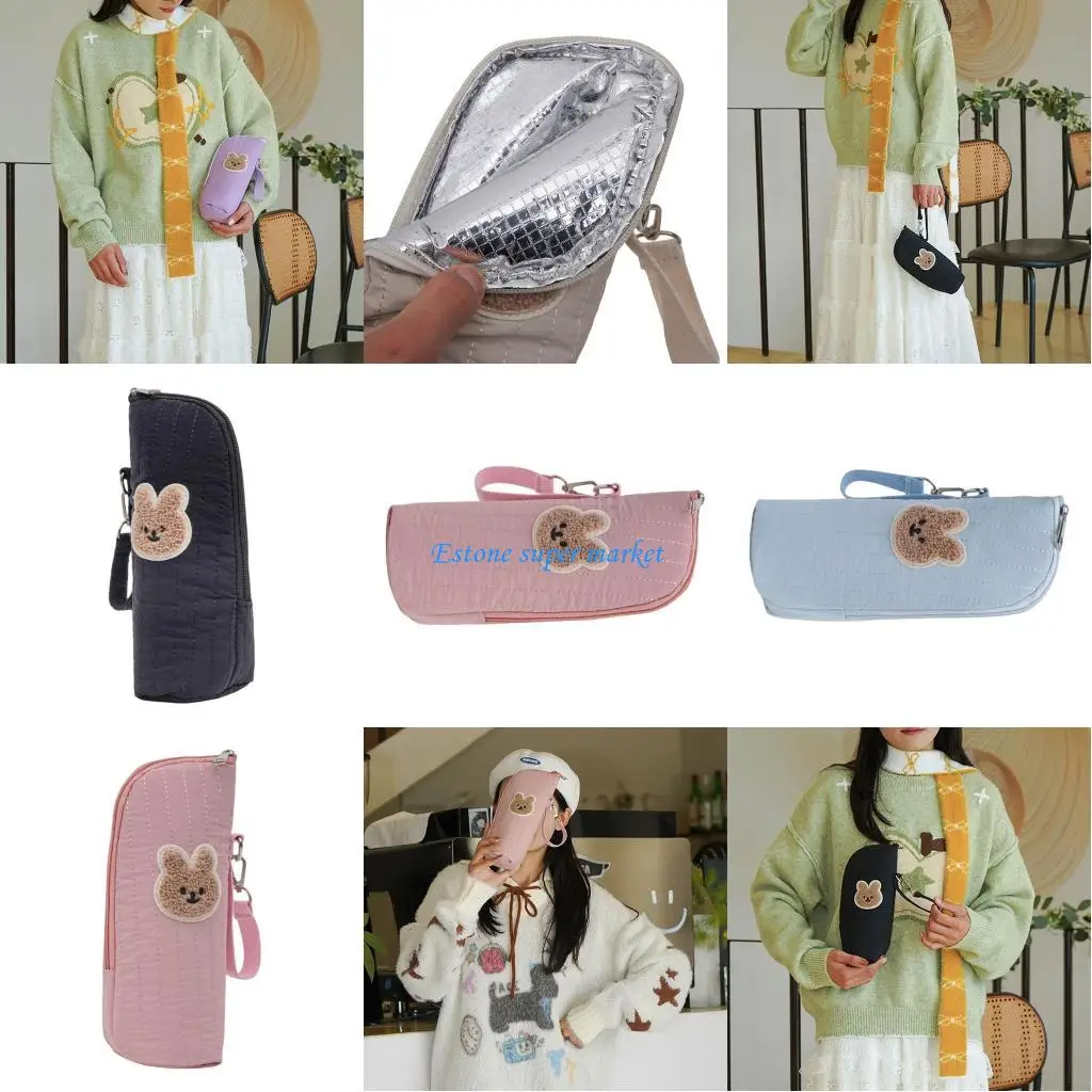 

090B Adjustable Shoulder Baby Bottle Carriers with Rabbit Design & Small Construction Insulated Milk Container Pouches Gift