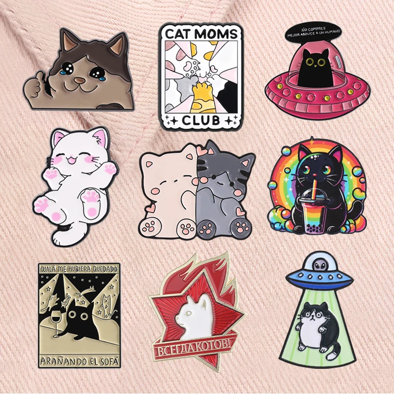 Thumb Up Crying Cat Enamel Pins Cute  Alien Spaceship Black Kitten Rainbow Bubble Tea Cat Animal Brooch Lapel Badge Jewelry Gift