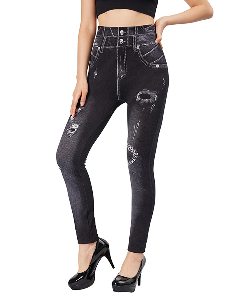 CUHAKCI Women High Waist Love Holes Print Black Jeggings Stretch Slim Fit Faux Denim Pencil Pants Slim Fit Workout Yoga Leggings