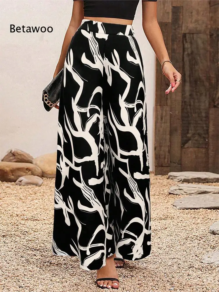 Women High Waist Leaf Printed Wide Leg Pants Loose Casual Flowy Trousers for Beach Vacation Daily Summer Outfits