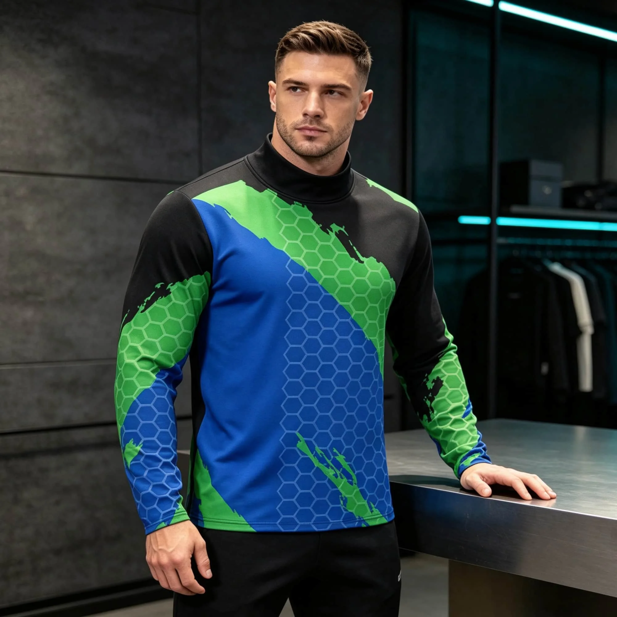 Men Contrast Color Honeycomb Texture Graphic Mock Neck Long Sleeve Tee, Breathable Fitness Training Casual Base Layer Shirt
