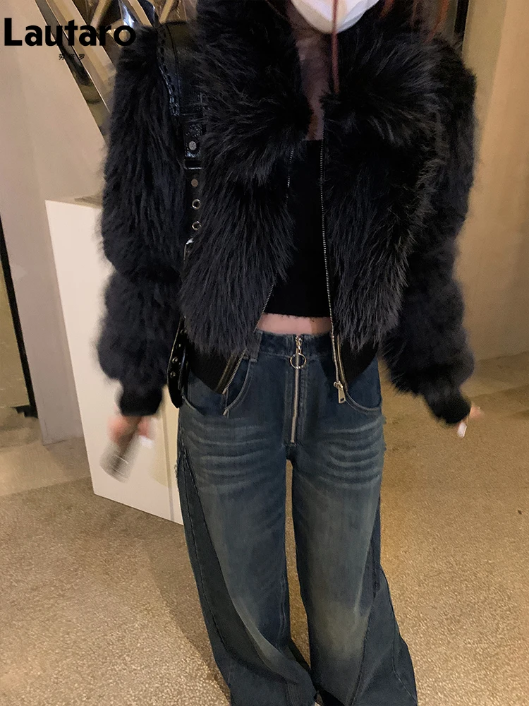 Lautaro Winter Short Black Thick Warm Soft Hairy Faux Fur Coat Women Turn-down Collar High Waist Zipper Fluffy Bomber Jacket