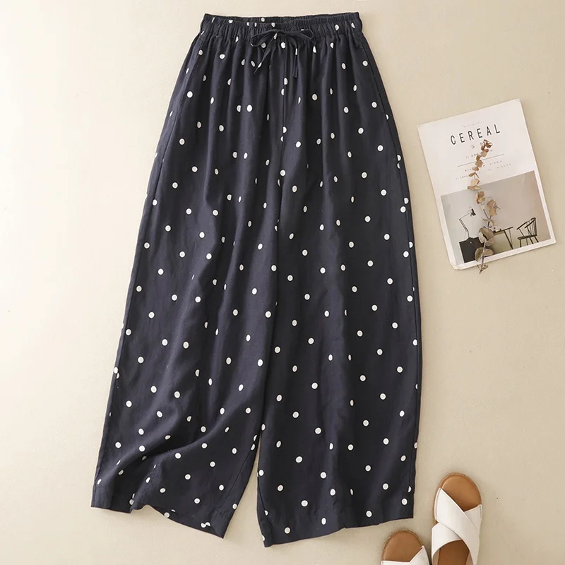 Comfortable Cotton Linen Polka Dot Wide Leg Pants Fashionable Loose Harlan Trousers Slimming Effect Digital Printing Casual P...