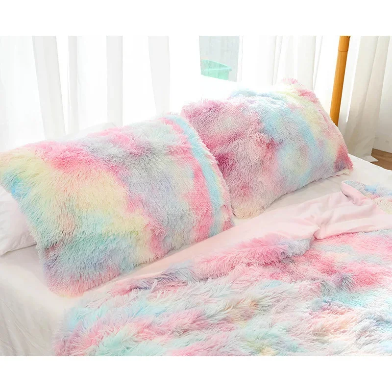 ยาว Plush ปลอกหมอนสำหรับเตียง50X70ซม.Tie Dye สายรุ้งสีสันหมอนฤดูหนาว Warm Soft หมอนหน้าแรกตกแต่ง