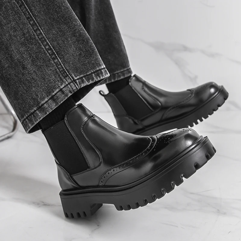 Zimowe retro męskie botki Chelsea podwyższające wzrost, męskie casualowe ultralekkie botki na grubej podeszwie, wysokie buty biznesowe, buty robocze outdoorowe.
