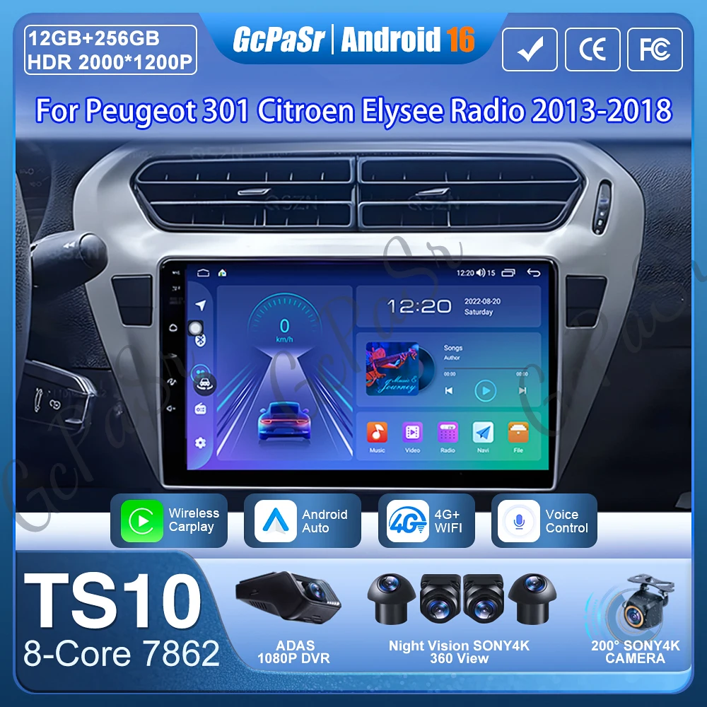 Android 16 Car Radio For Peugeot 301 Citroen Elysee Radio 2013-2018 GPS Navigation Android Auto Carplay Wifi Display 4G No 2din