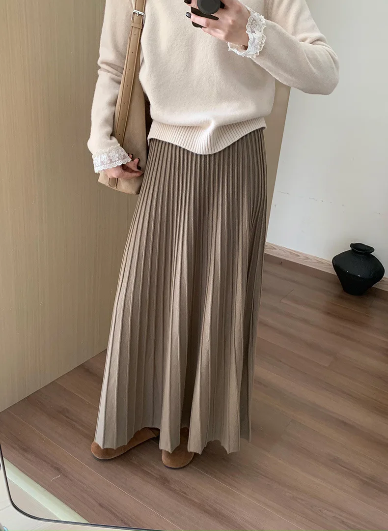 GC 2026 Khaki Midi Skirt for Women, Loose Fit, Draped, Slimming A-Line Pleated Skirt for Autumn and Winter