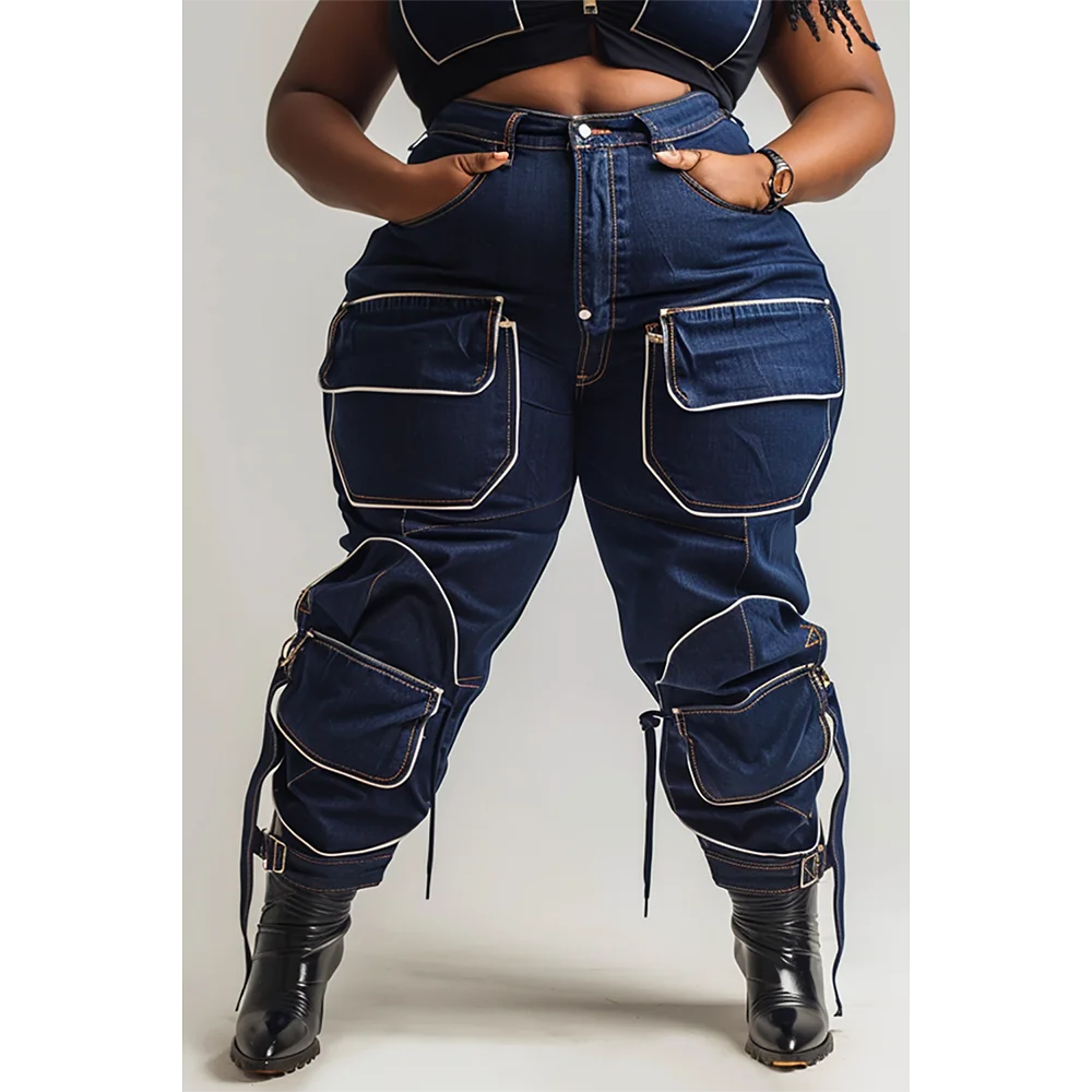 Plus Size Dames Werkjeans Motor Cool Party Blauwe Zak Werkjeans