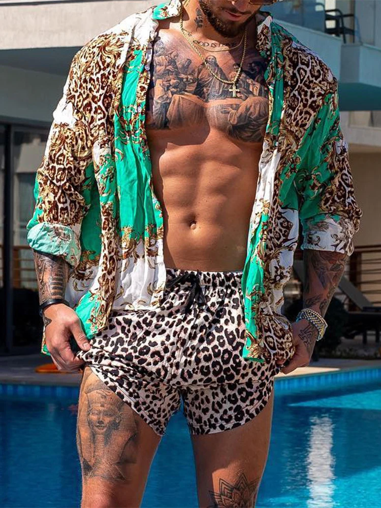 Fashion Leopard Print Two Piece Set Men Beach Style Sexy Buttoned Lapel Shirt And Shorts Outfit Suits Casual Loose Mens Clothes