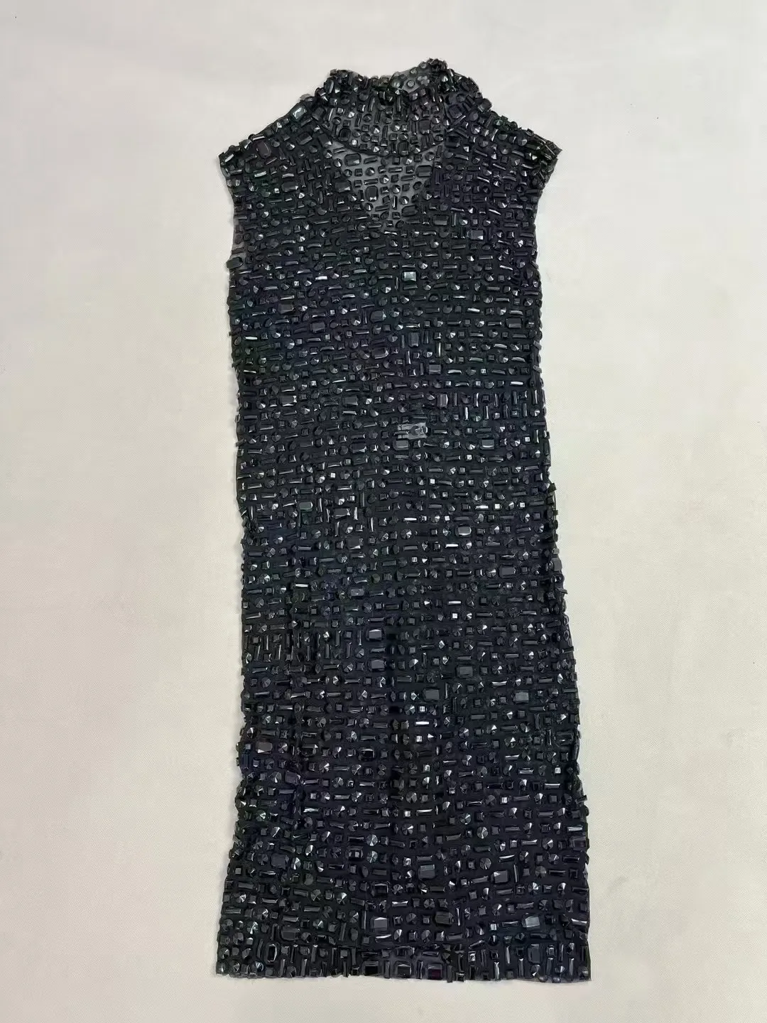 Seksowna błyszcząca pełna czarna dżetów przezroczysta siateczkowa sukienka damska urodziny wieczór koktajlowy elegancki strój kostium do klubu nocnego