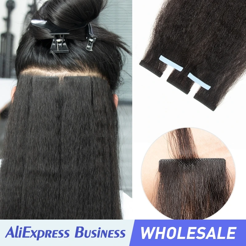 Wholesale Invisible Tape In Hair Extensions Kinky Straight/Light Yaki Straight  Tape ins Remy Black Core Glue Seamless 20PCS