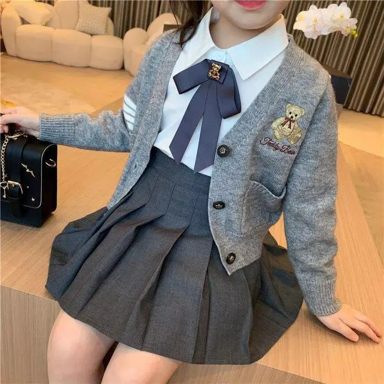 Girls Autumn Clothing 2022 New JK Preppy Style Uniform Suit White Shirt Short Skirt Cardigan Medium and Large Children\'s Set