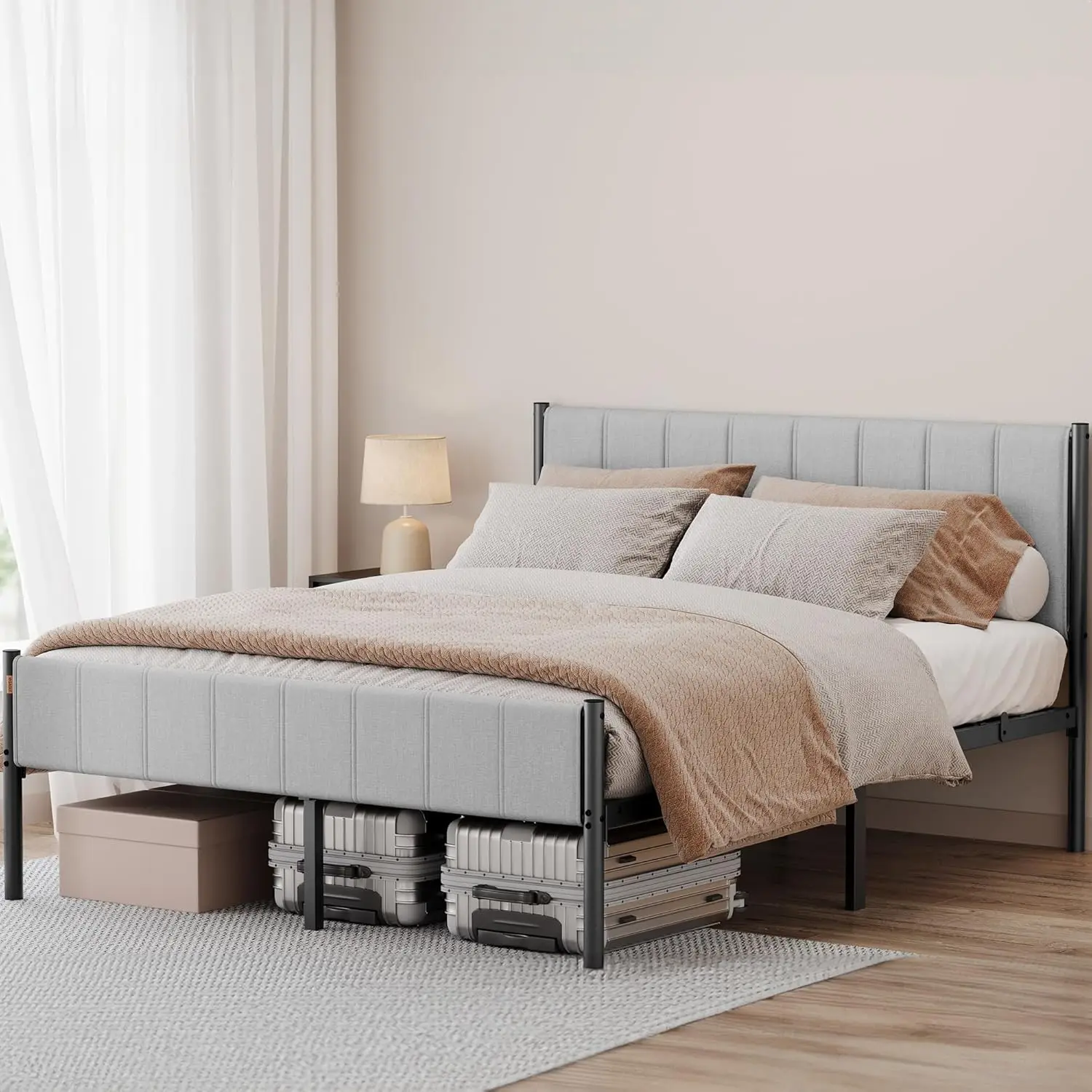 

Queen Bed Frame with Upholstered Headboard, Metal Bed Frame Queen Size with Footboard, 1100 lb Weight Capacity, Steel Slats,