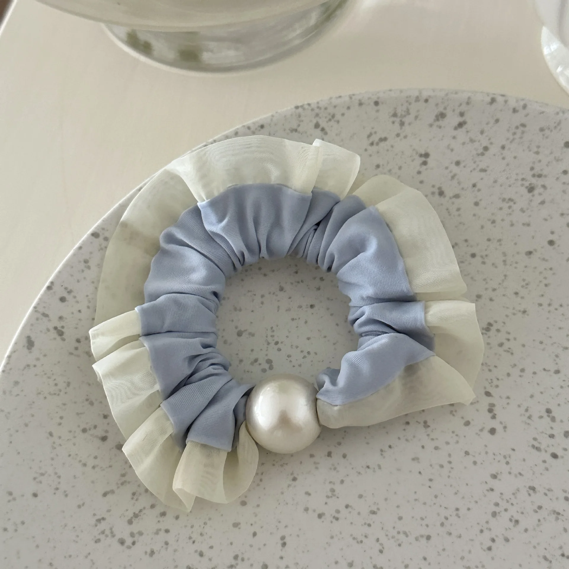 Fashion Hair Band 1PCS Blue Soft Pearl Lace Trim Beaded Thin Elastic Gentle for Women Girls