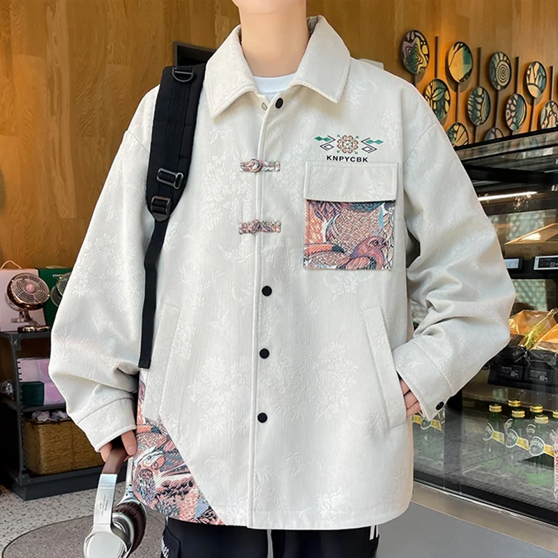 

New Chinese Sle Men's Jaet Tang Costume Corduroy irt Collar Button down Spring Autumn Faionable Brand Youth
