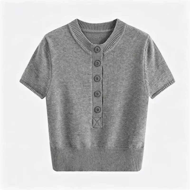 Guobioziy Women Knit Sweater  Early Autumn Simple Slim Short Sleeve Round Neck Button Up Minimalist Knit Top
