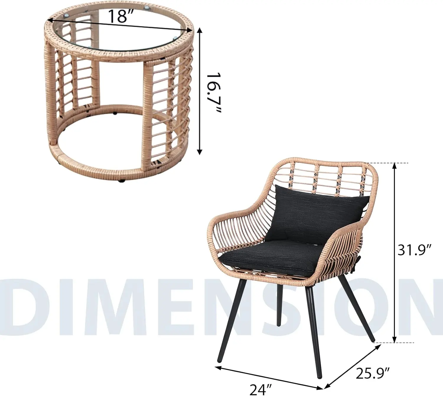 3 Piece Patio Bistro Set, Wicker Outdoor Patio Set with Enhanced Comfort Seating, Round Glass Top Coffee Side Table, Patio Ratta