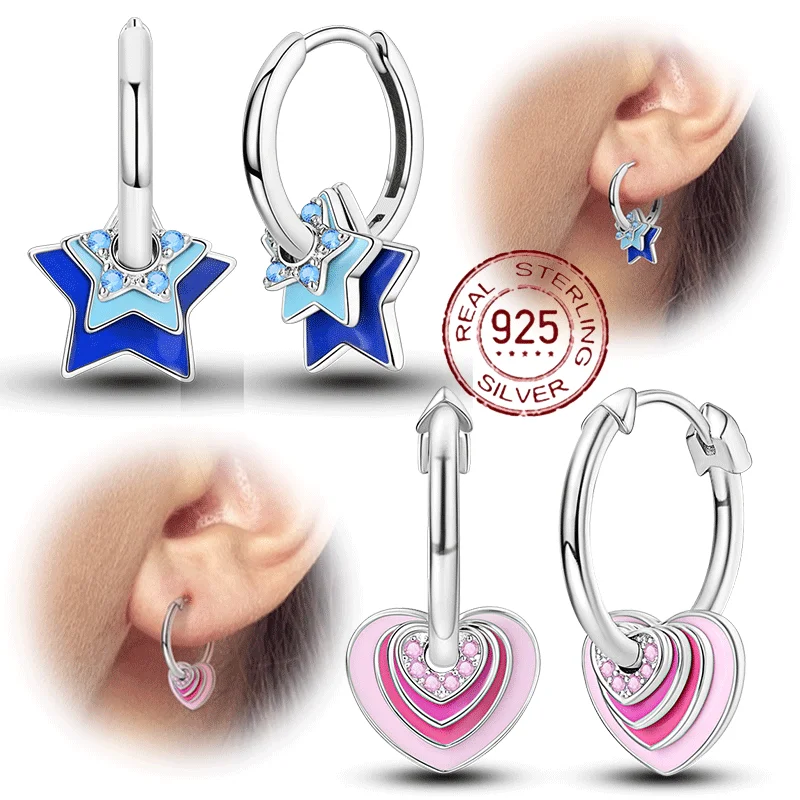 

925 Sterling Silver Blue Star Pink Heart Matching Couple's Earrings Designer Ear Jewelry for Woman Pendientes Fashion Jewelry